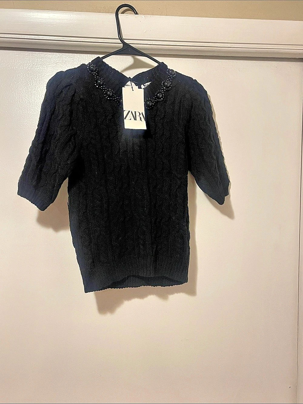 Zara Beaded Collar Knit Top Black Sweater Small nwt